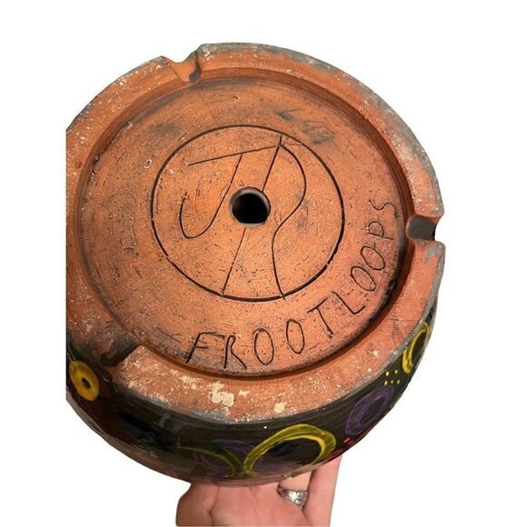 Artist Signed Hanging Pot Planter “Frootloops” Pottery “JR” Drain Hole Rainbow - Picture 3 of 4